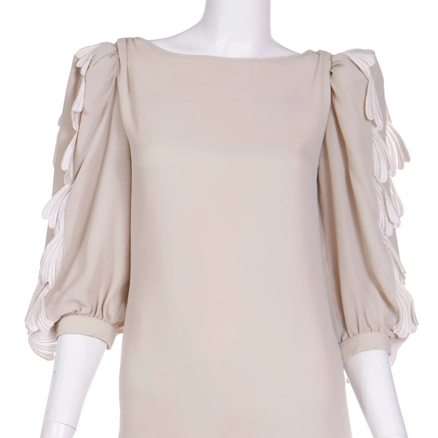 1970s Michael Novarese Nude Crepe Dress With Guipure Lace