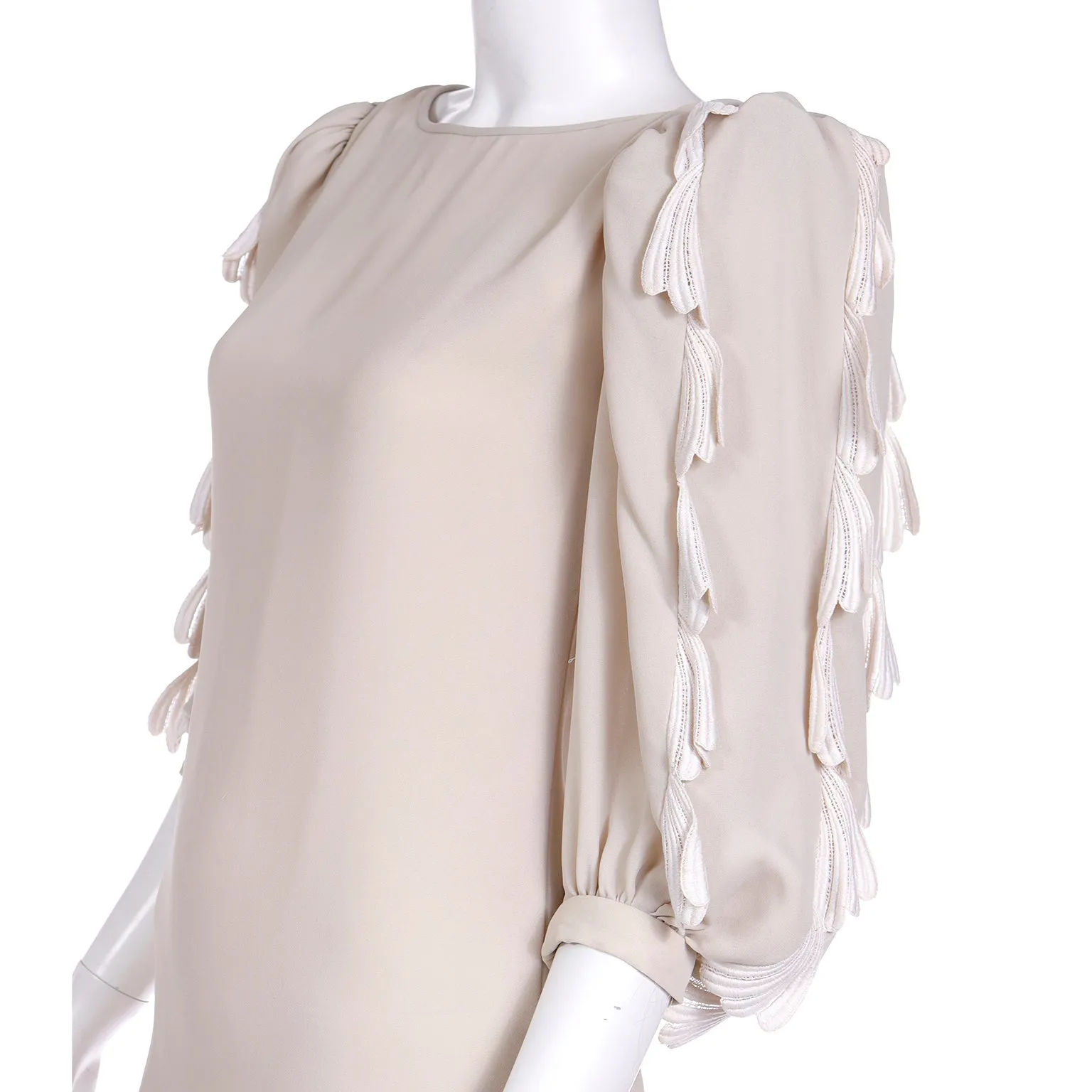 1970s Michael Novarese Nude Crepe Dress With Guipure Lace