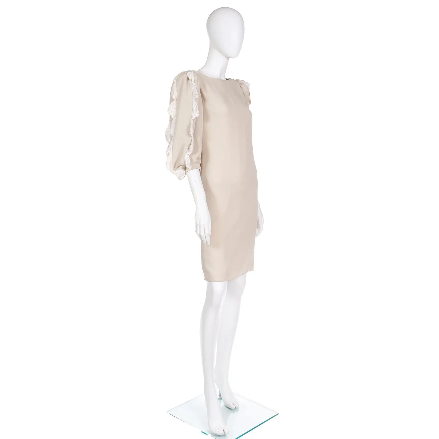 1970s Michael Novarese Nude Crepe Dress With Guipure Lace