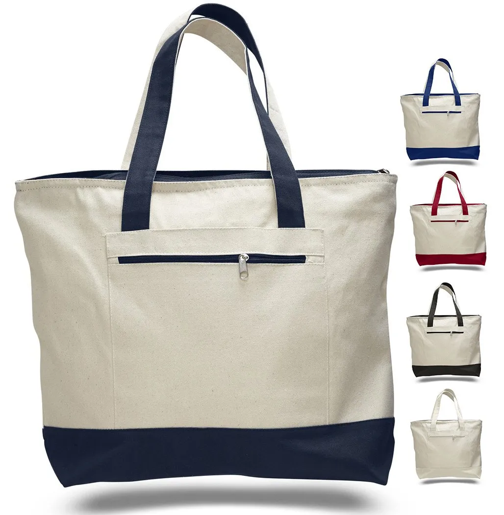 72 ct Heavy Canvas Zippered Shopping Tote Bags - By Case