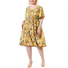 Agnes Orinda Women's Plus Size V Neck Floral Flare Sleeve Casual Midi Dress