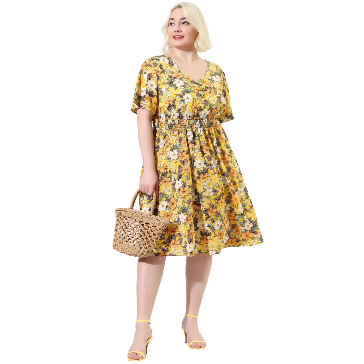 Agnes Orinda Women's Plus Size V Neck Floral Flare Sleeve Casual Midi Dress