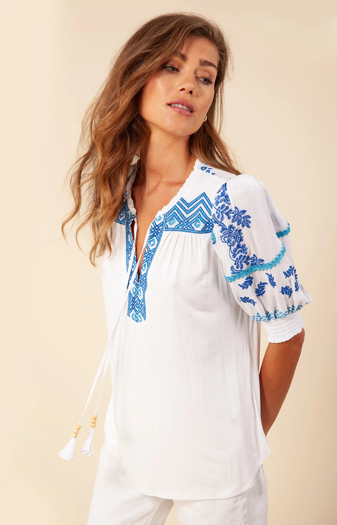 Aleja Embroidered Crinkle Gauze Top