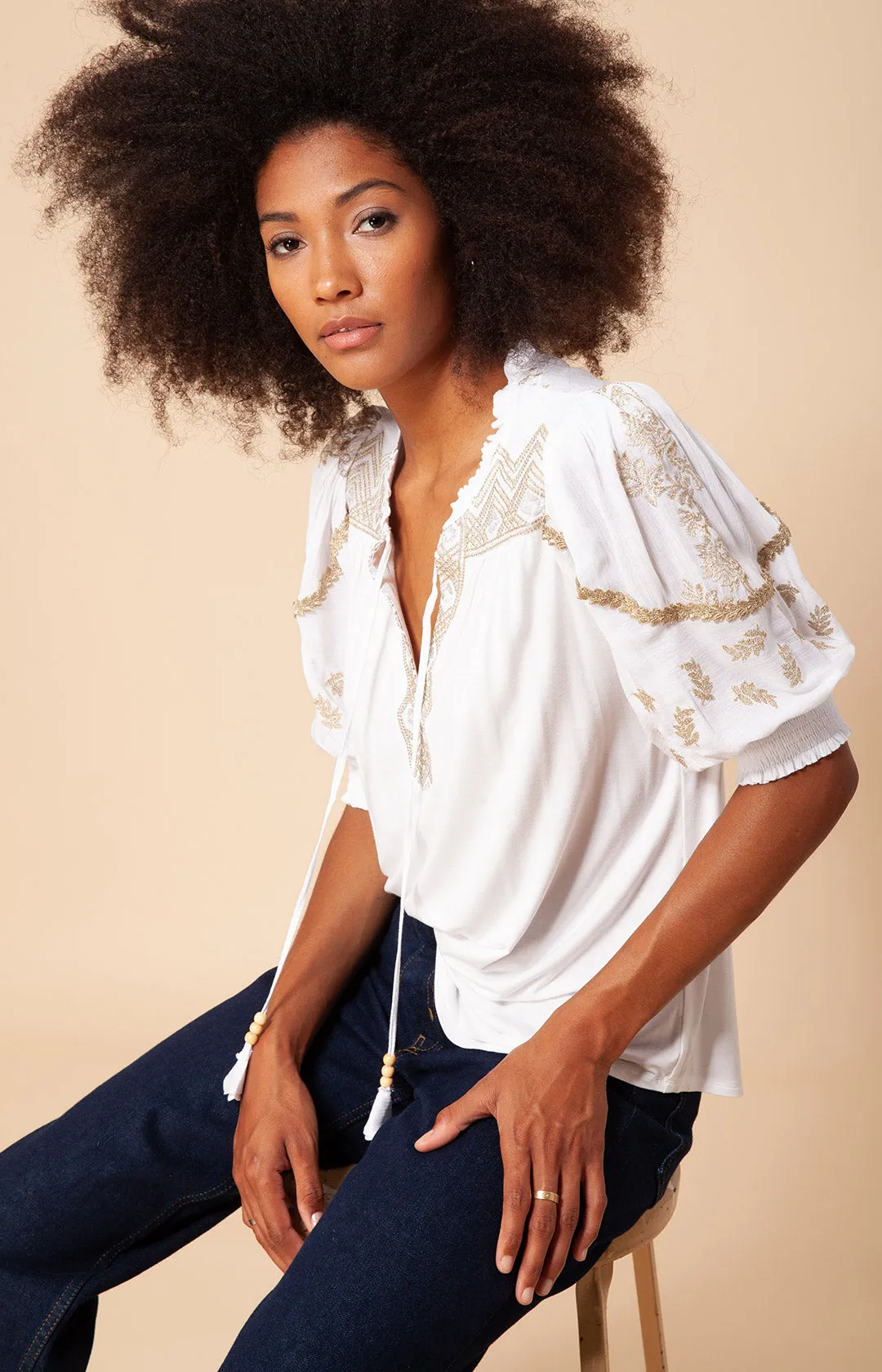 Aleja Embroidered Crinkle Gauze Top