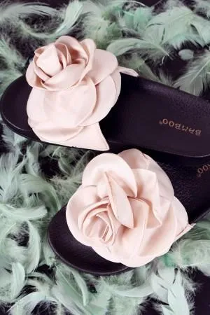 Bamboo Satin Oversized Rosette Applique Slide Sandal