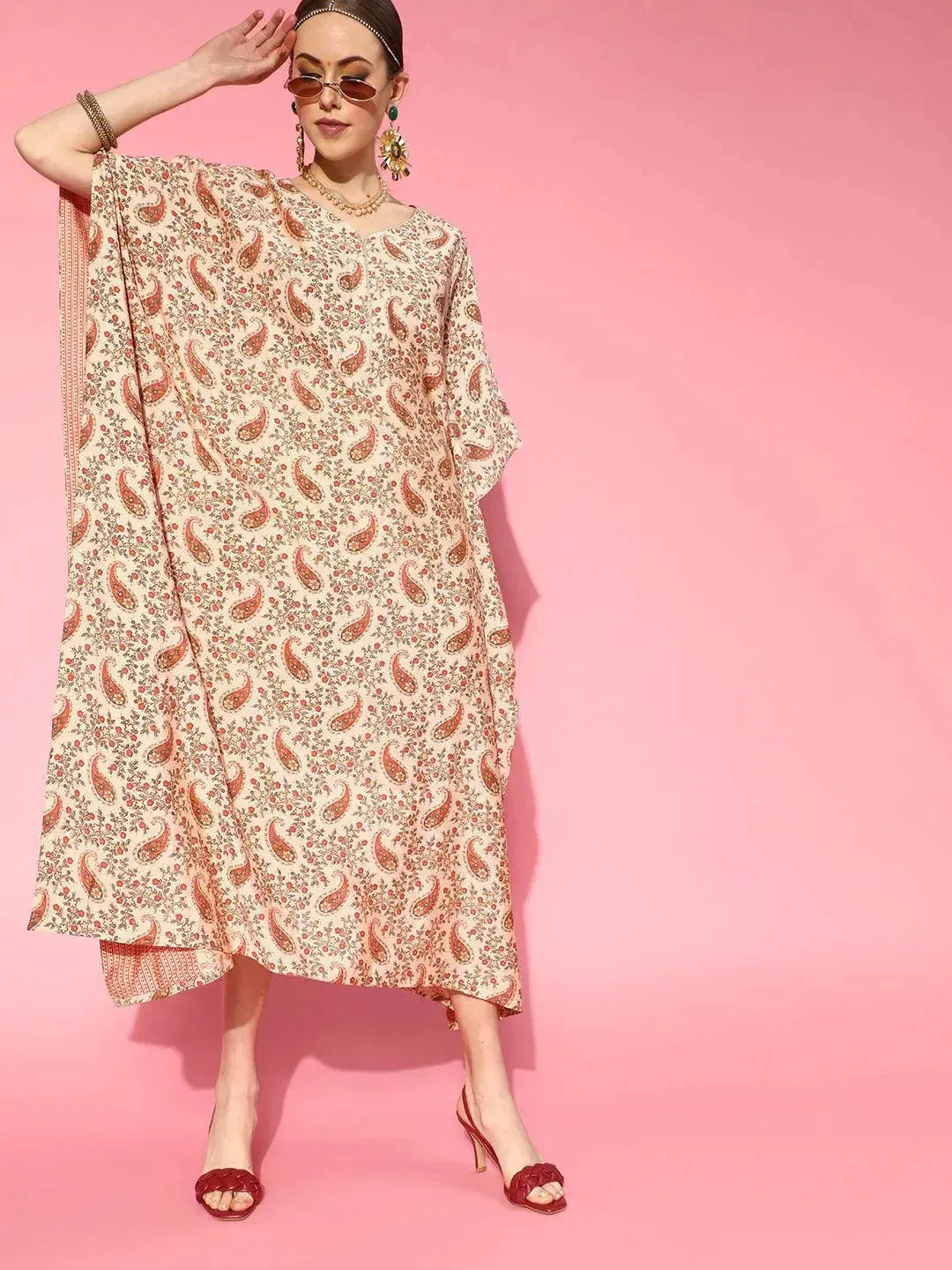 Beige Printed Silk Kaftan Dress