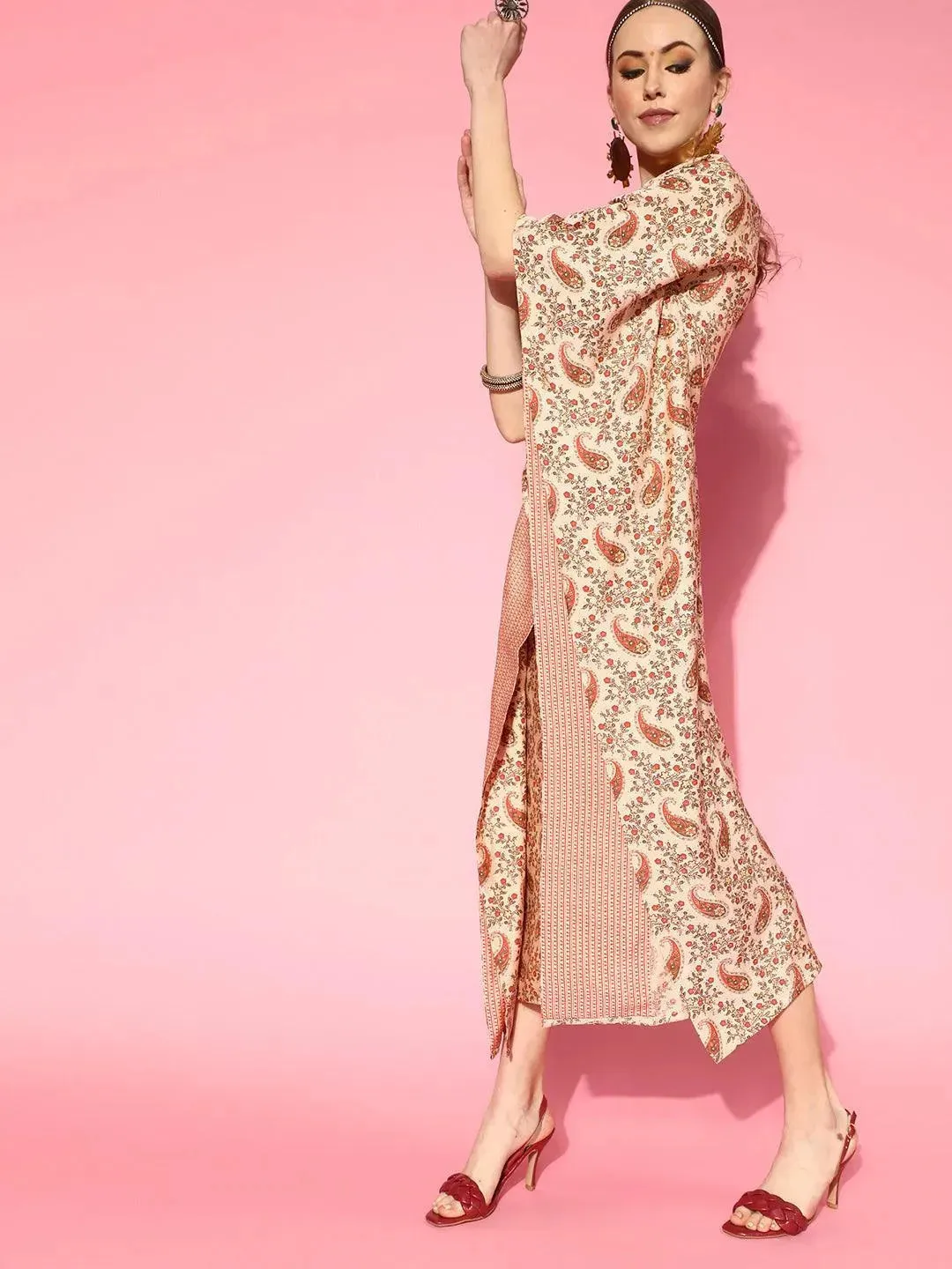 Beige Printed Silk Kaftan Dress