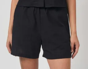 Black Cotton Linen Pull On Shorts