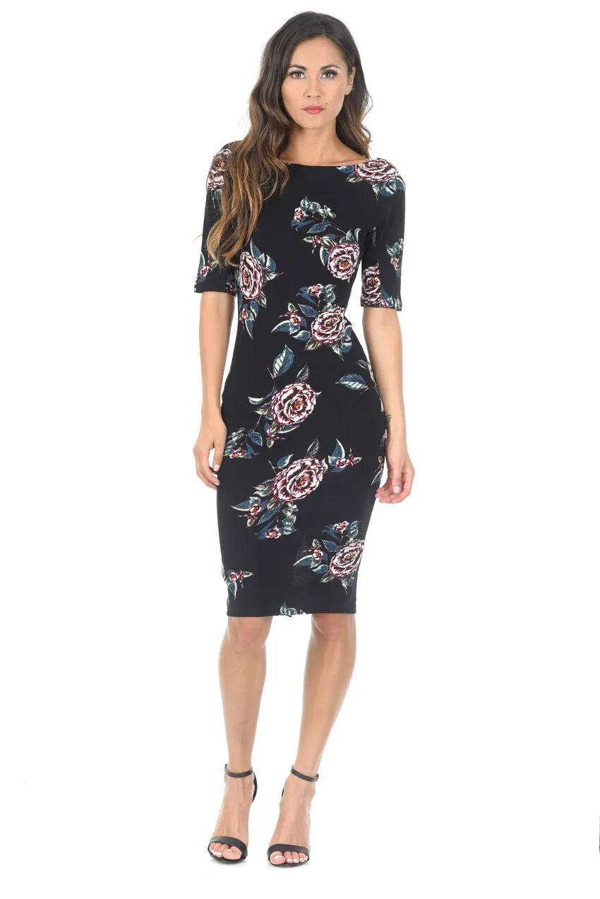 Black Floral Short Sleeved Midi Dress