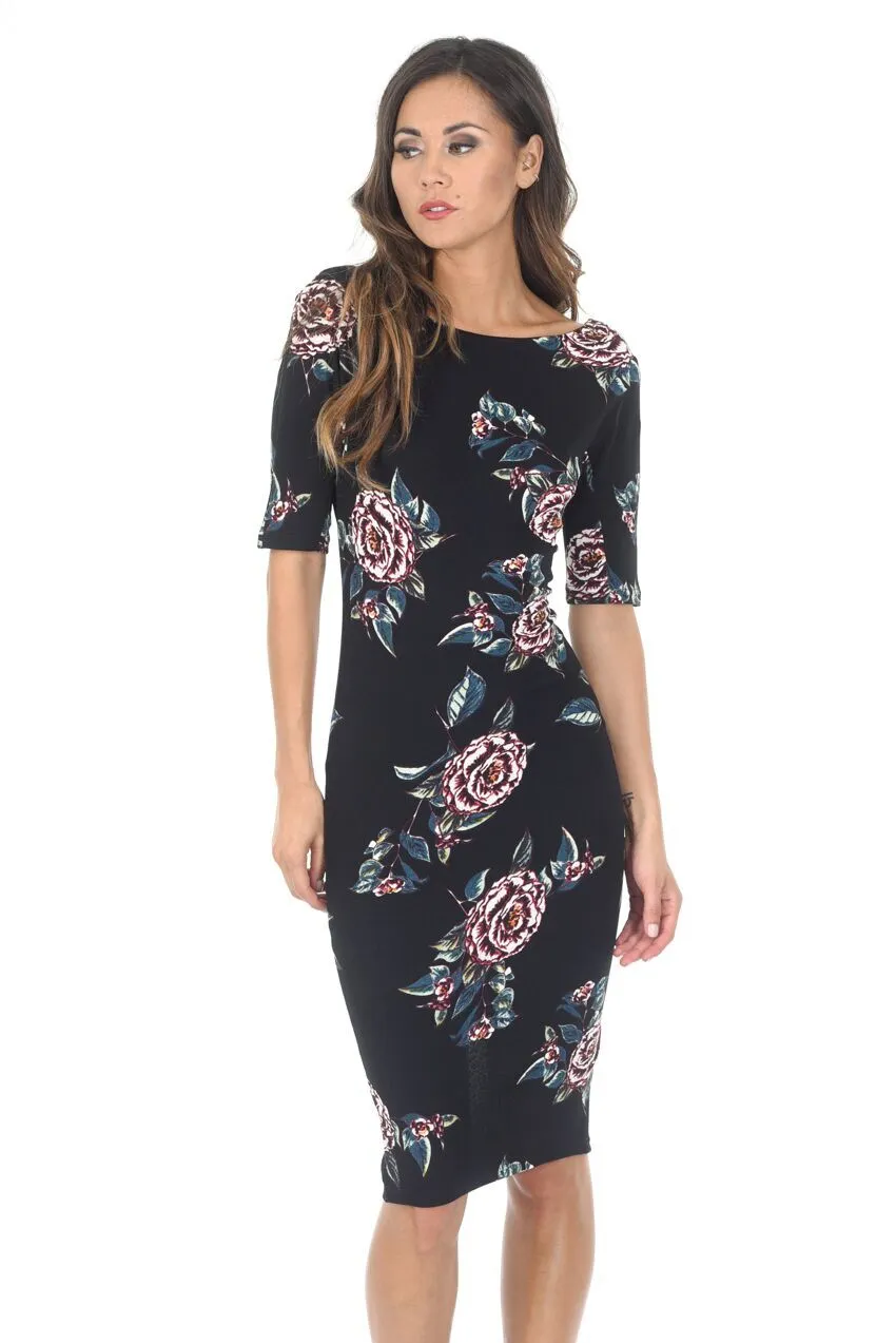 Black Floral Short Sleeved Midi Dress