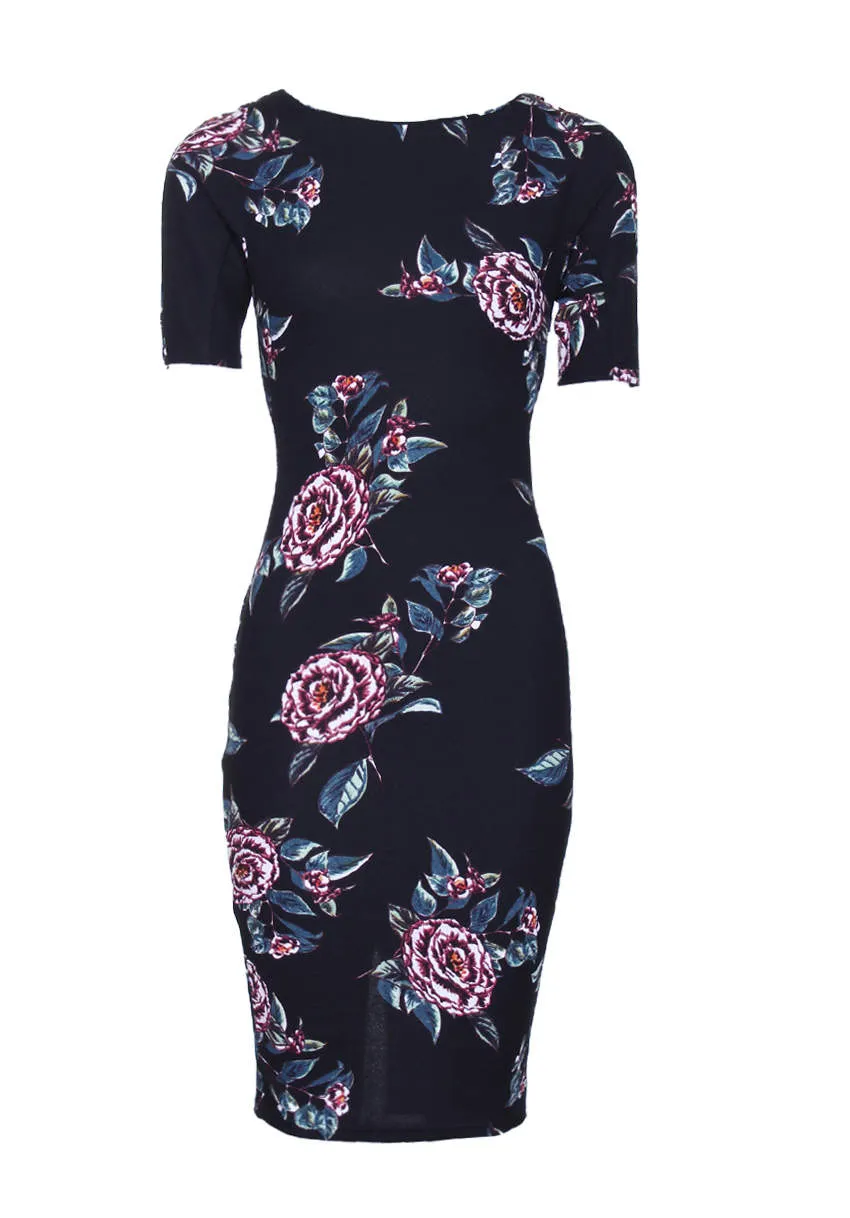 Black Floral Short Sleeved Midi Dress