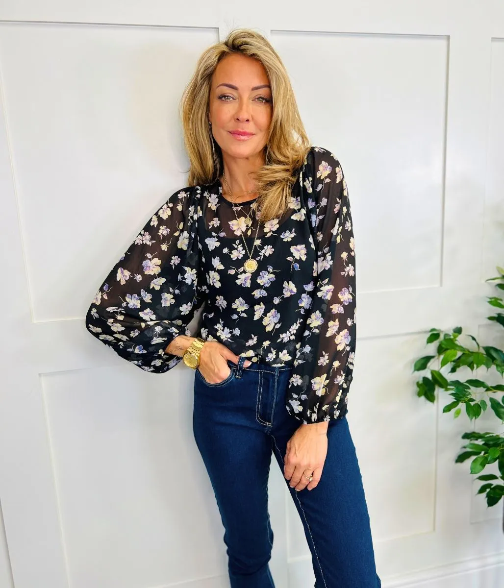 Black Flower Print Sheer Blouse