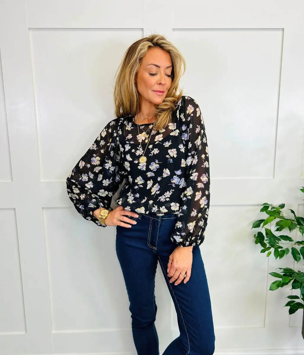 Black Flower Print Sheer Blouse