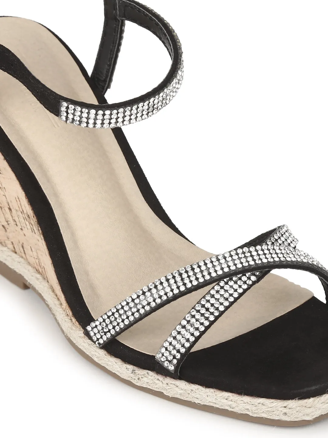 Black Micro Diamante Wedge Heel Sandals