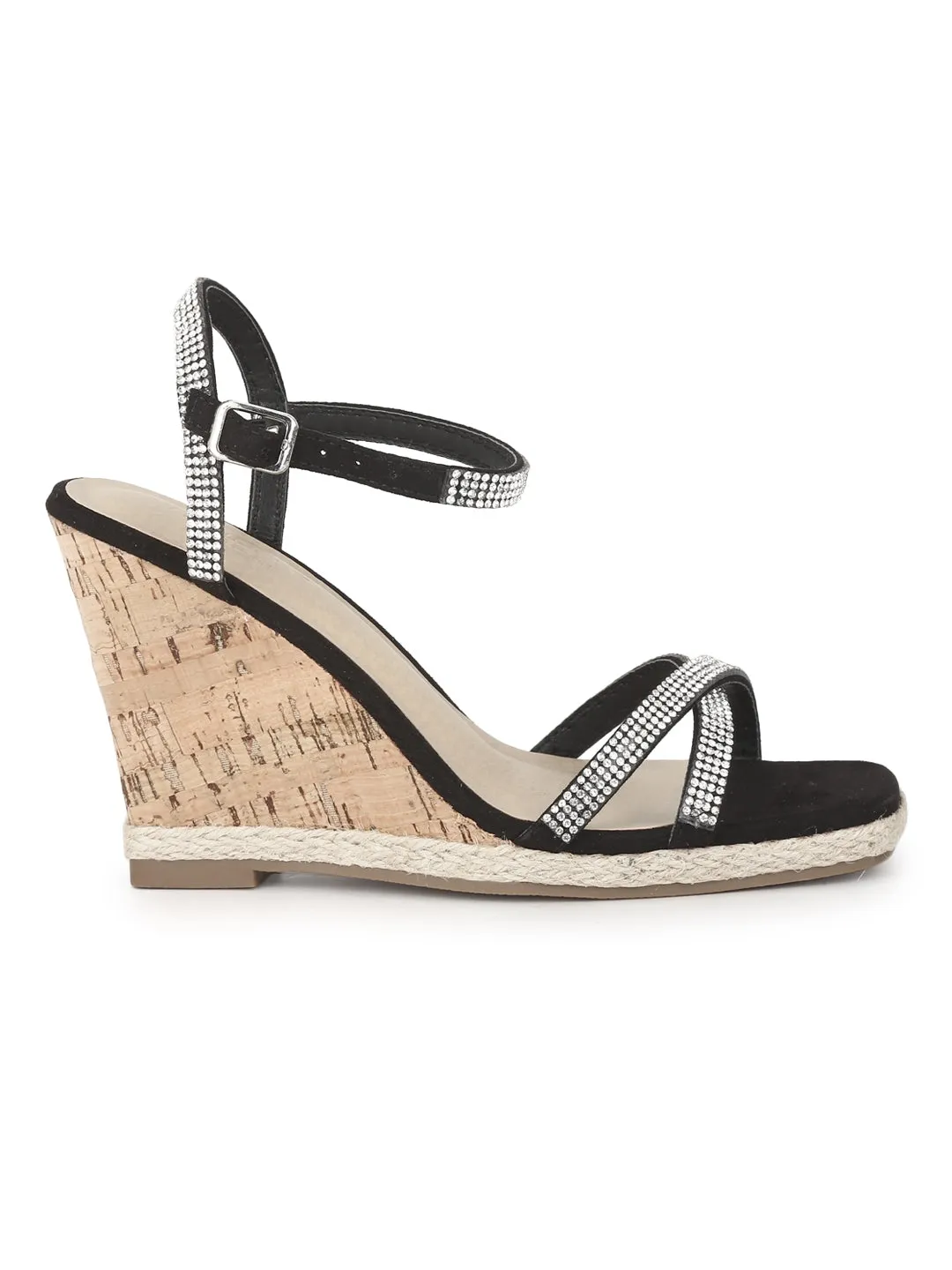 Black Micro Diamante Wedge Heel Sandals