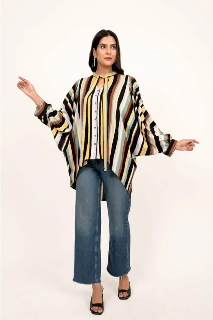 Black Multicoloured Striped High Low Antifit Top