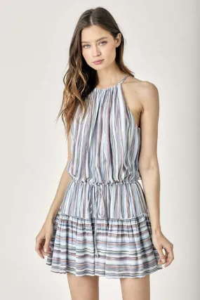 Blue Keyhole Neck Stripe Printed Mini Dress