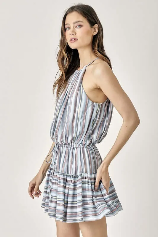 Blue Keyhole Neck Stripe Printed Mini Dress