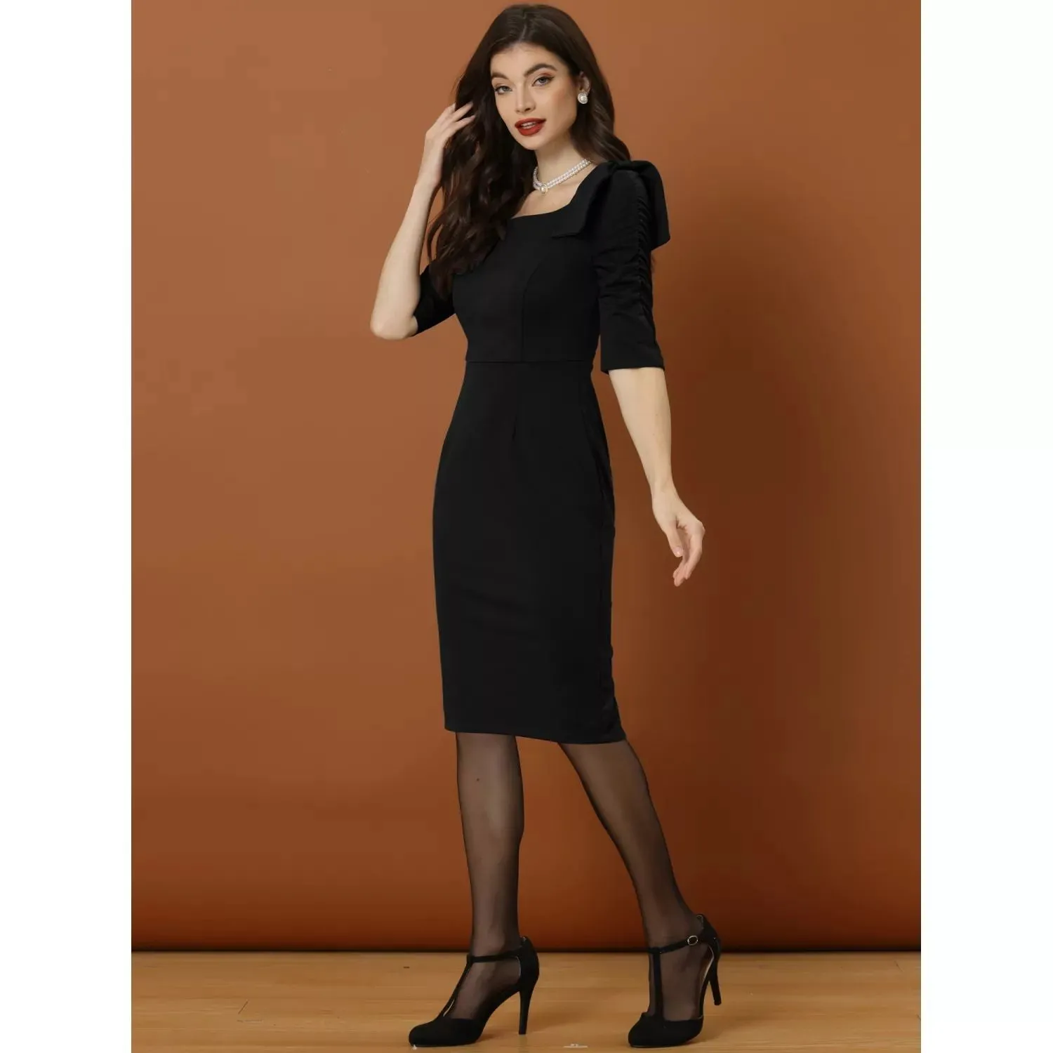 Bodycon Dress with Ruffles and Bow for Women business casual pencil dress with square neckline and 3/4 sleeves ALLEGRA K black