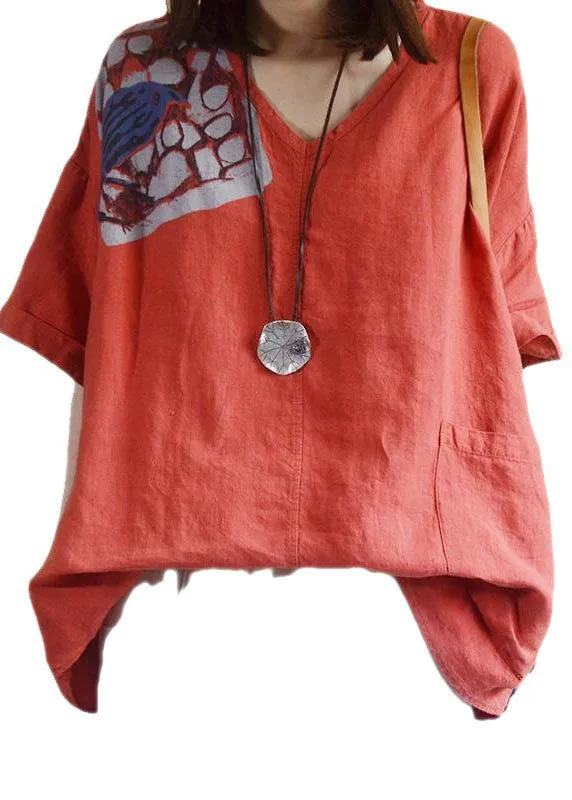 Bohemian Red V Neck Loose Pockets Fall Shirt Tops Half Sleeve