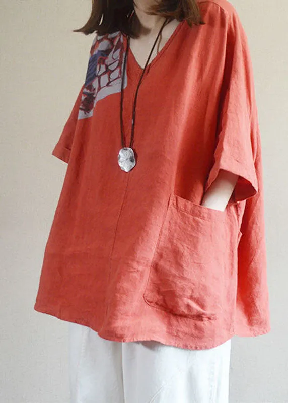 Bohemian Red V Neck Loose Pockets Fall Shirt Tops Half Sleeve