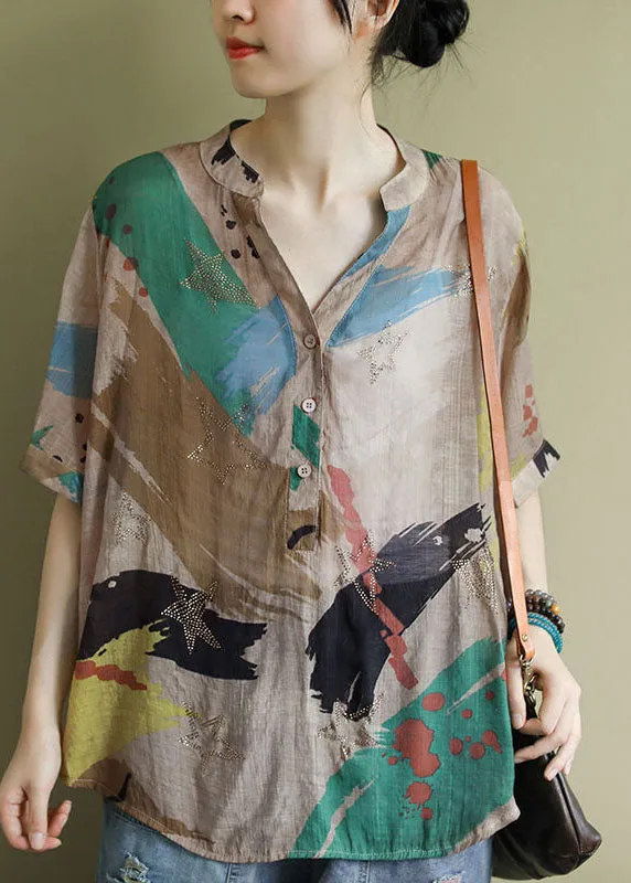 Bohemian V Neck Print Button Shirt Tops Half Sleeve