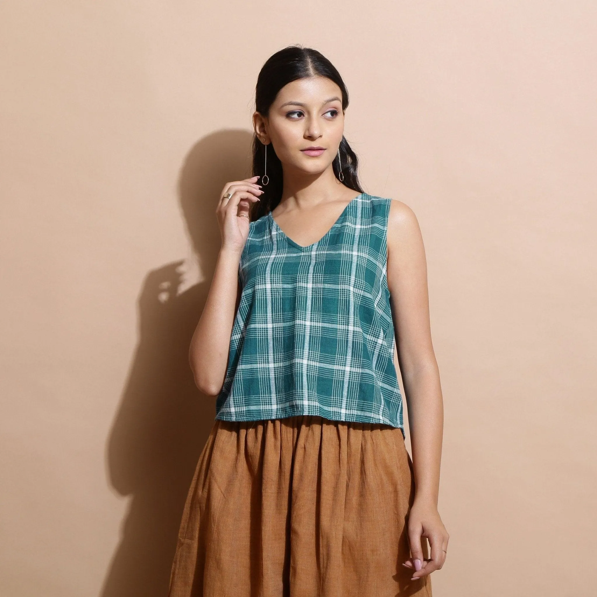 Bottle Green Cotton V-Neck Sleeveless Top