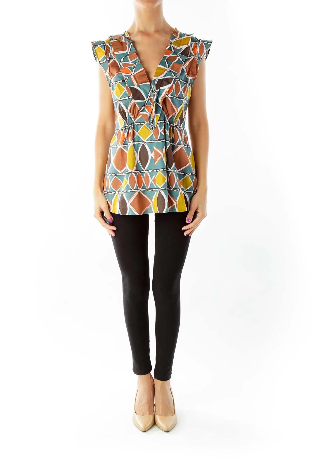 Brown Printed V-Neck Scrunch Top