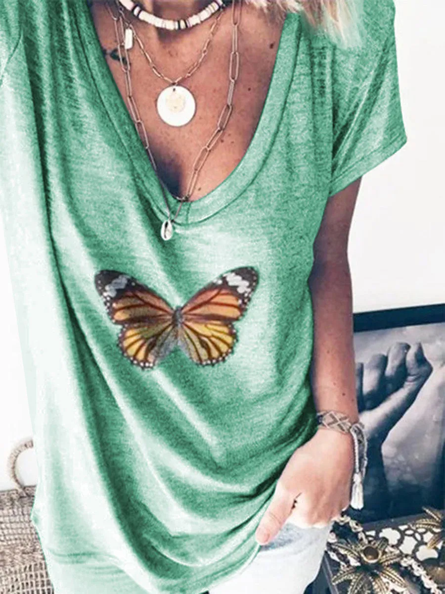 Butterfly Gray Casual V Neck Tops