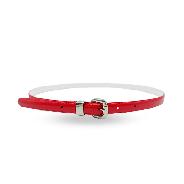 CARRIE -  Womens Red Patent Skinny Leather Belt with Silver Buckle