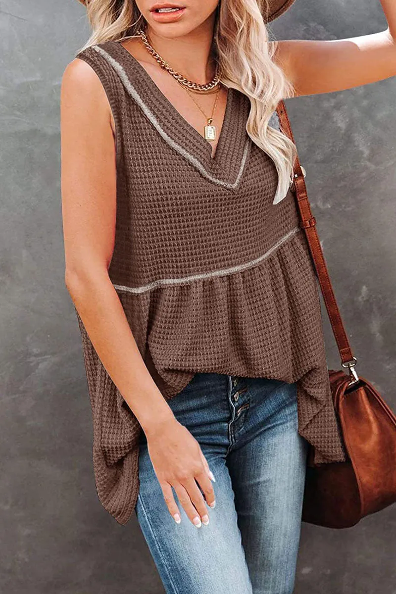 Casual Solid Patchwork V Neck Tops(7 Colors)