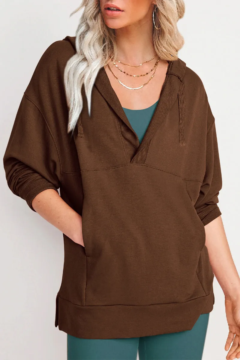 Casual Solid Pocket V Neck Tops