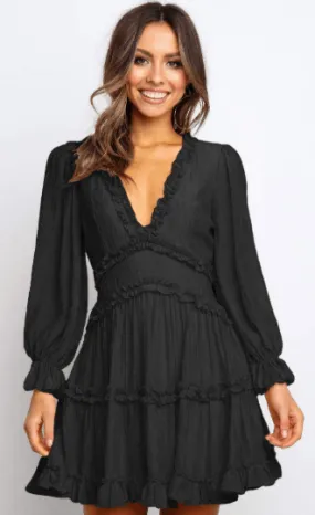 Chic Ruffle V Neck Dress with Open Back for All-Day Elegance