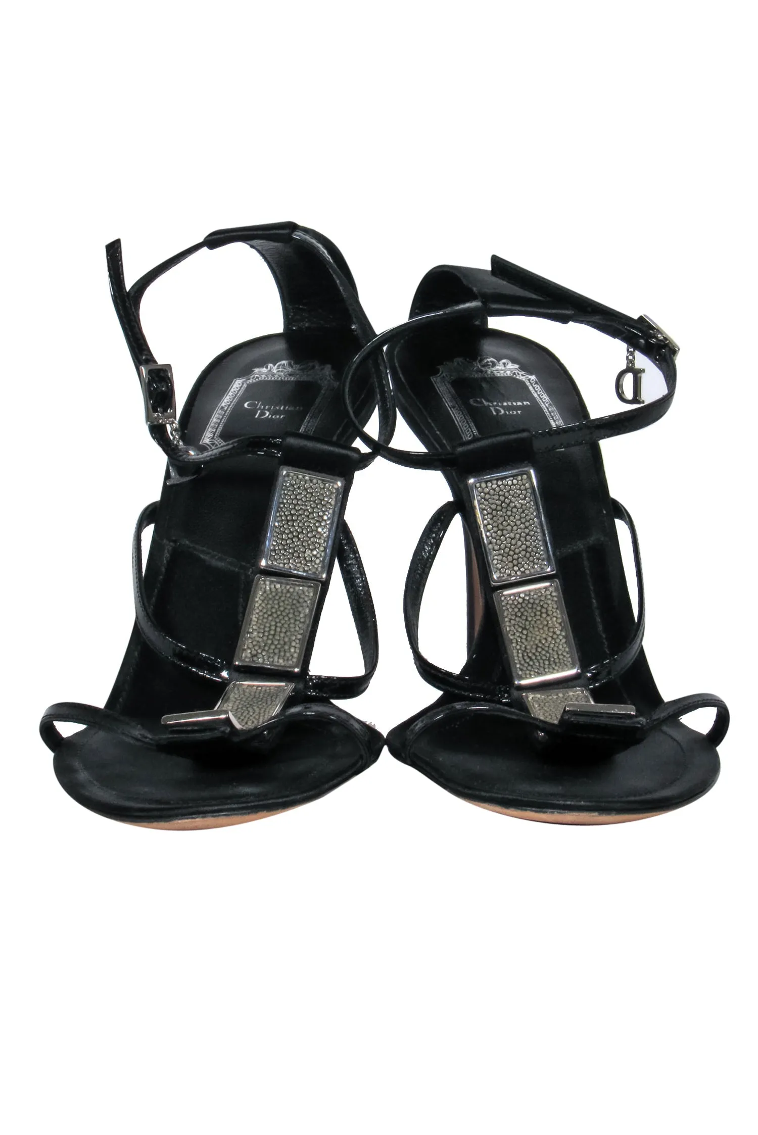 Christian Dior - Black Leather "Galuchat" Sandal w/ Metal Design Sz 10