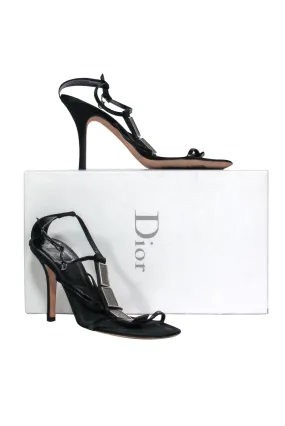 Christian Dior - Black Leather "Galuchat" Sandal w/ Metal Design Sz 10