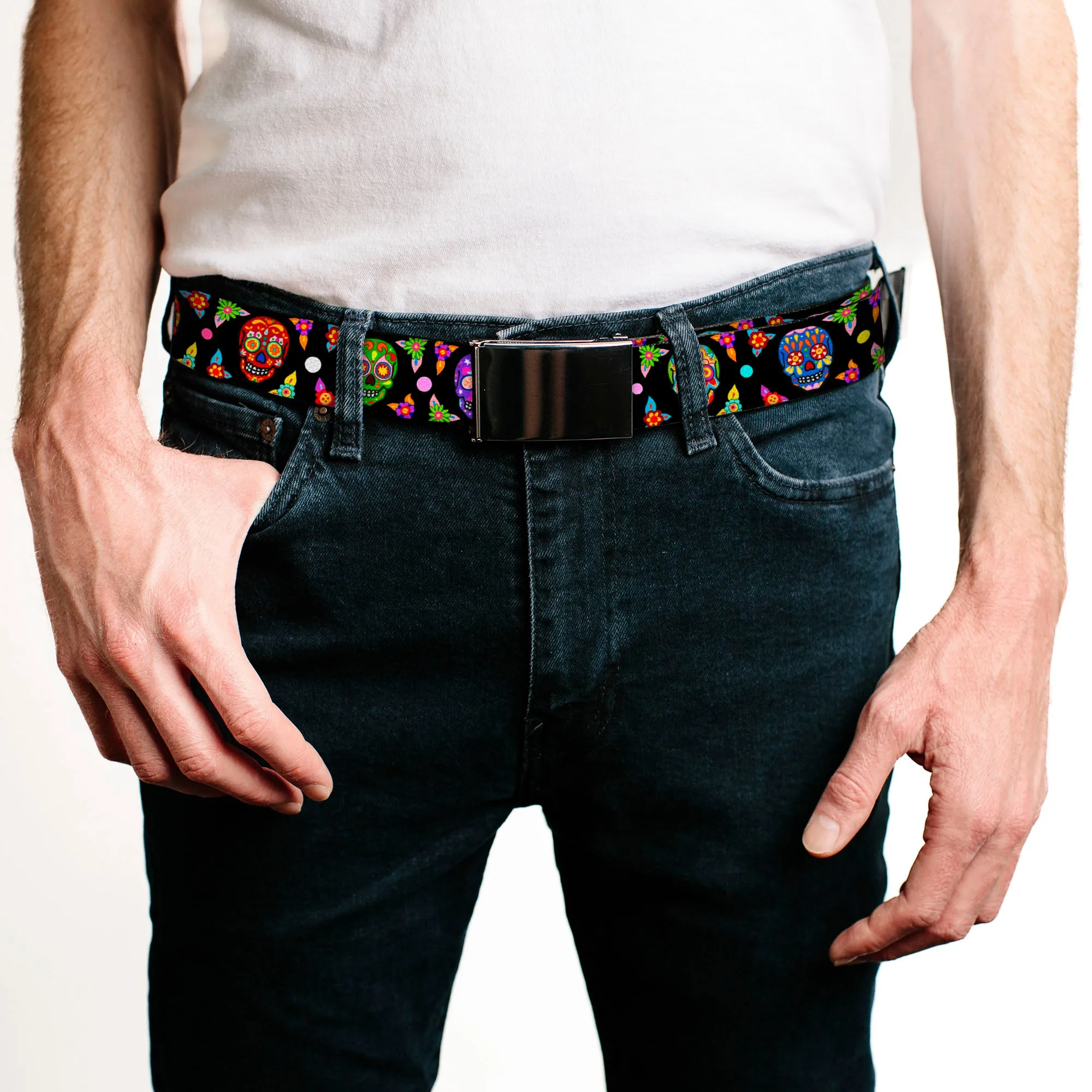 Chrome Buckle Web Belt - Colorful Calaveras Black/Multi Color Webbing