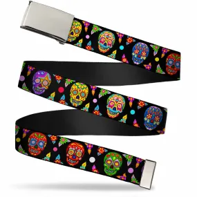 Chrome Buckle Web Belt - Colorful Calaveras Black/Multi Color Webbing