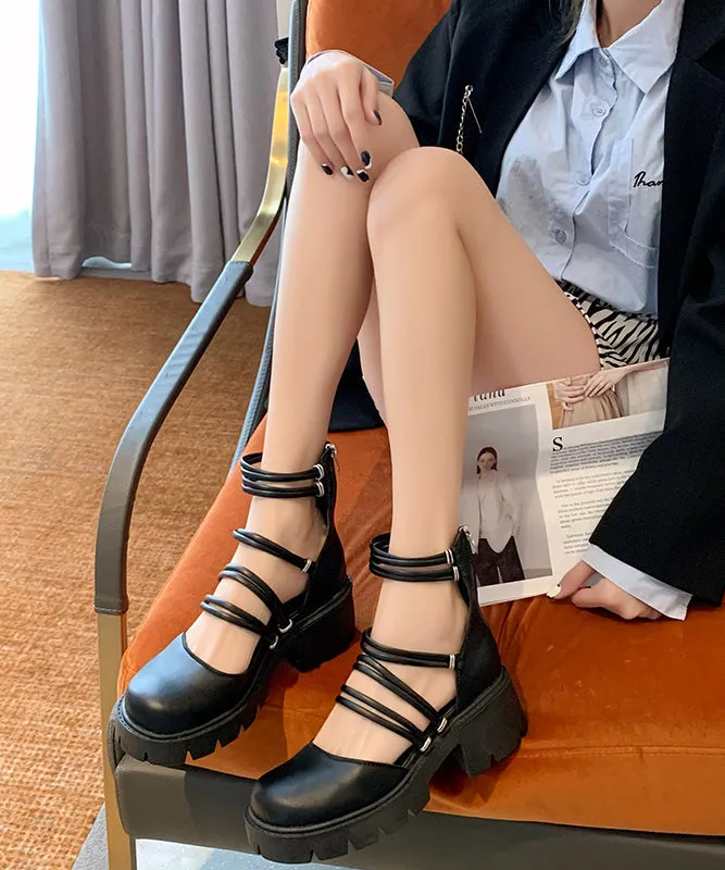 Comfy Chunky Heel Sandals Black Hollow Out Faux Leather RT1013