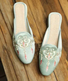 Comfy Light Green Embroideried Pearl Cotton Fabric Slide Sandals