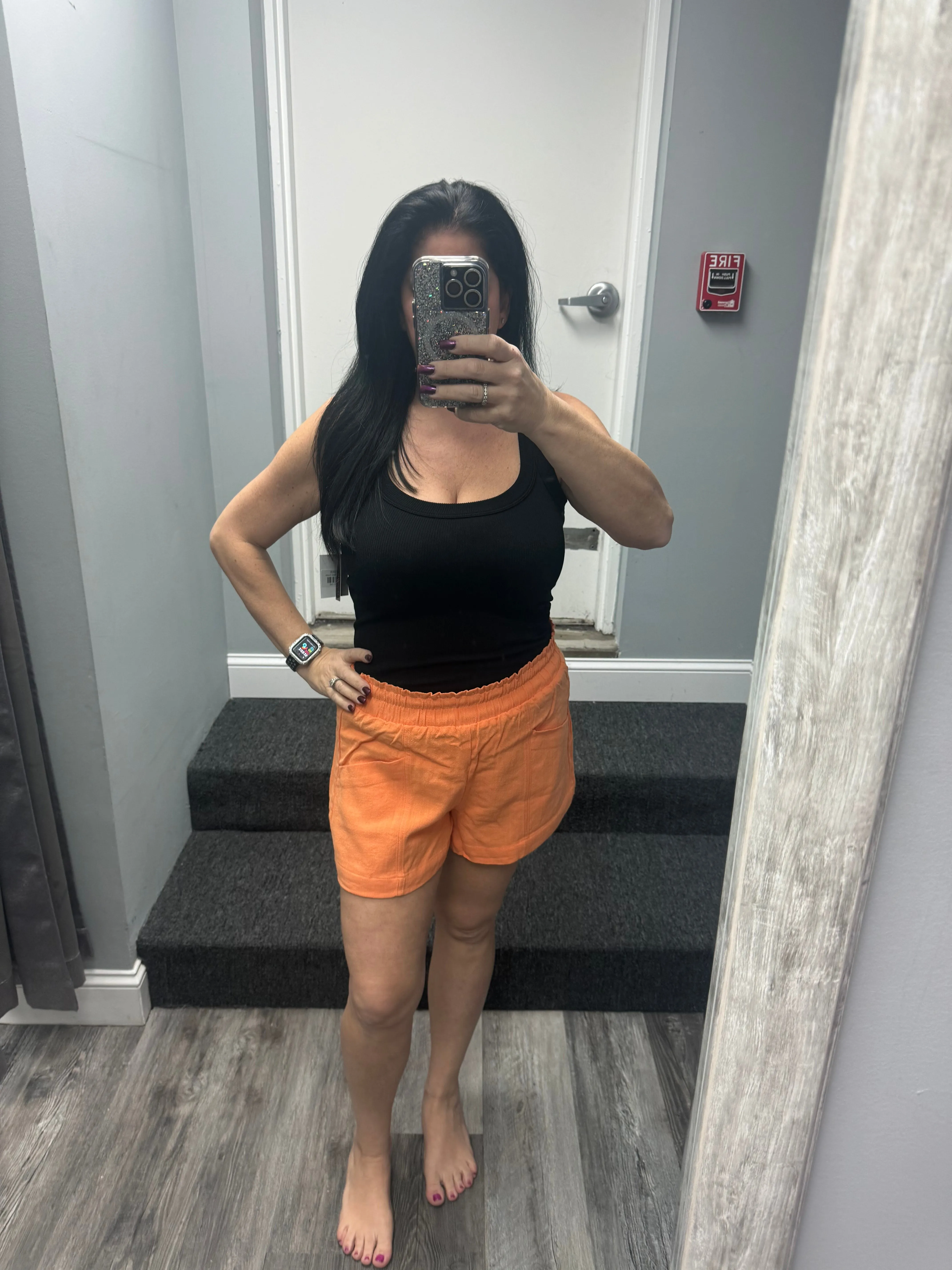 D-HIGH WAIST LINEN SHORTS - ORANGE