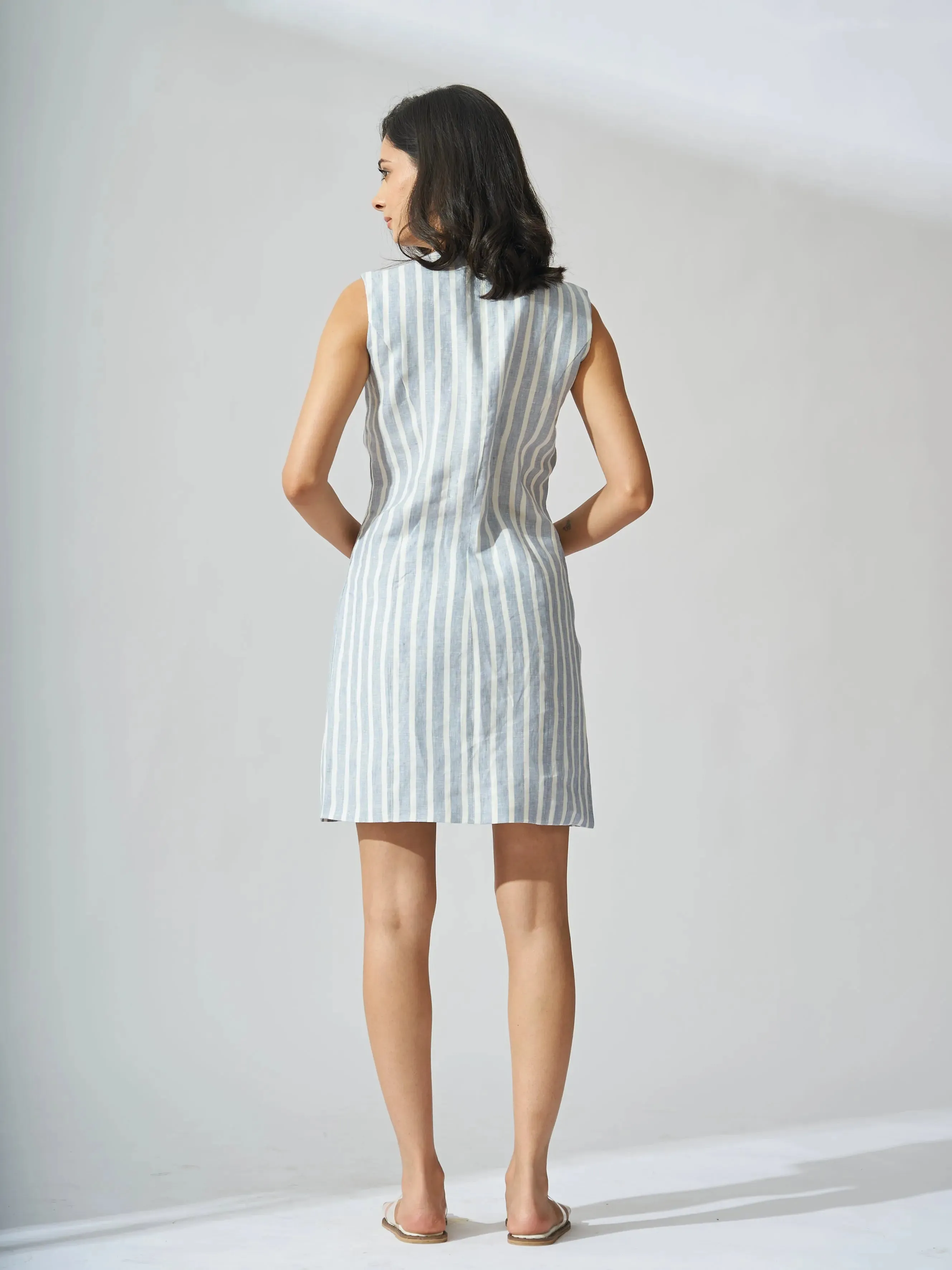 Dallas Linen Striped Front Button Vest with Shorts Coord Set