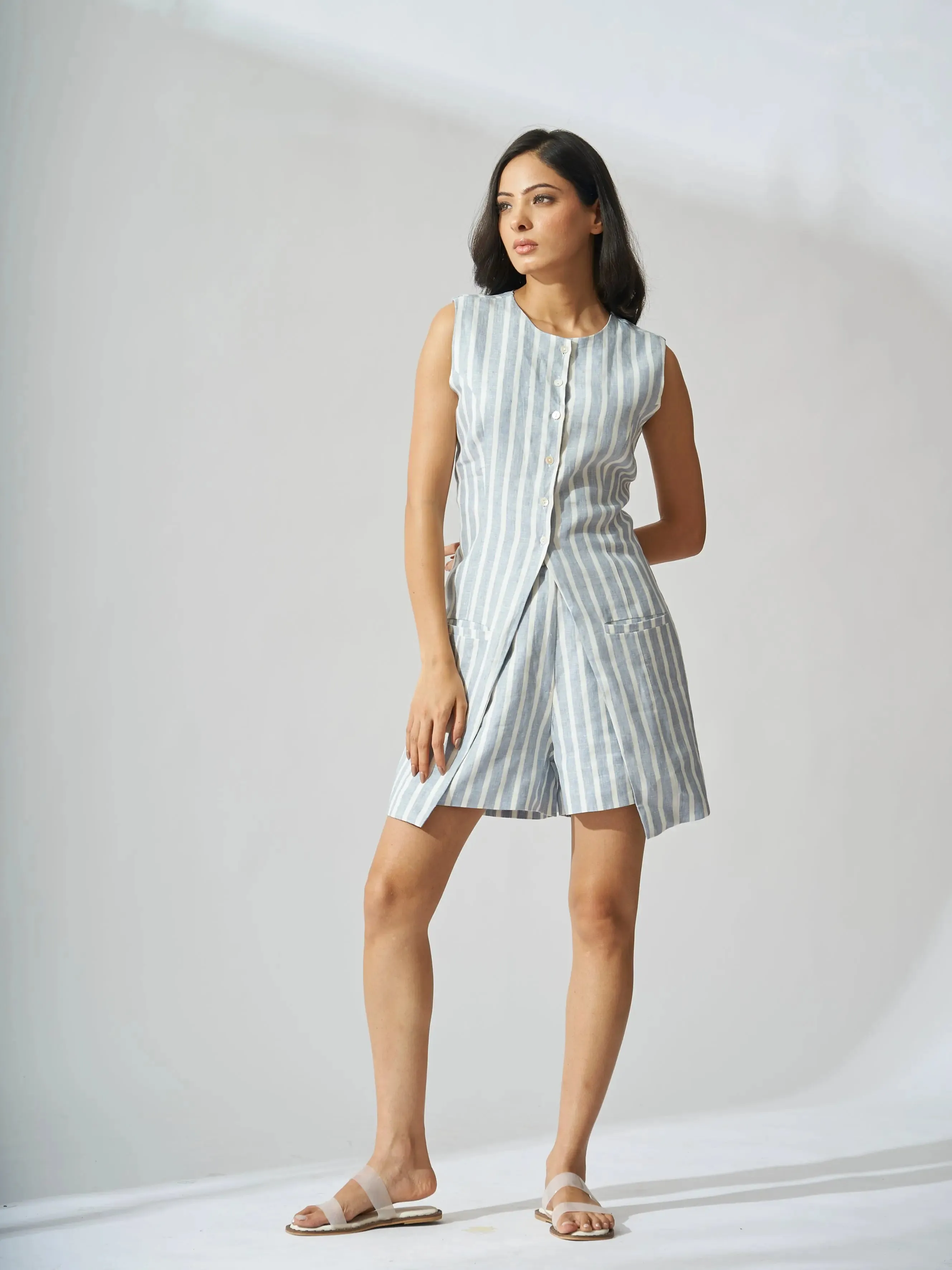 Dallas Linen Striped Front Button Vest with Shorts Coord Set