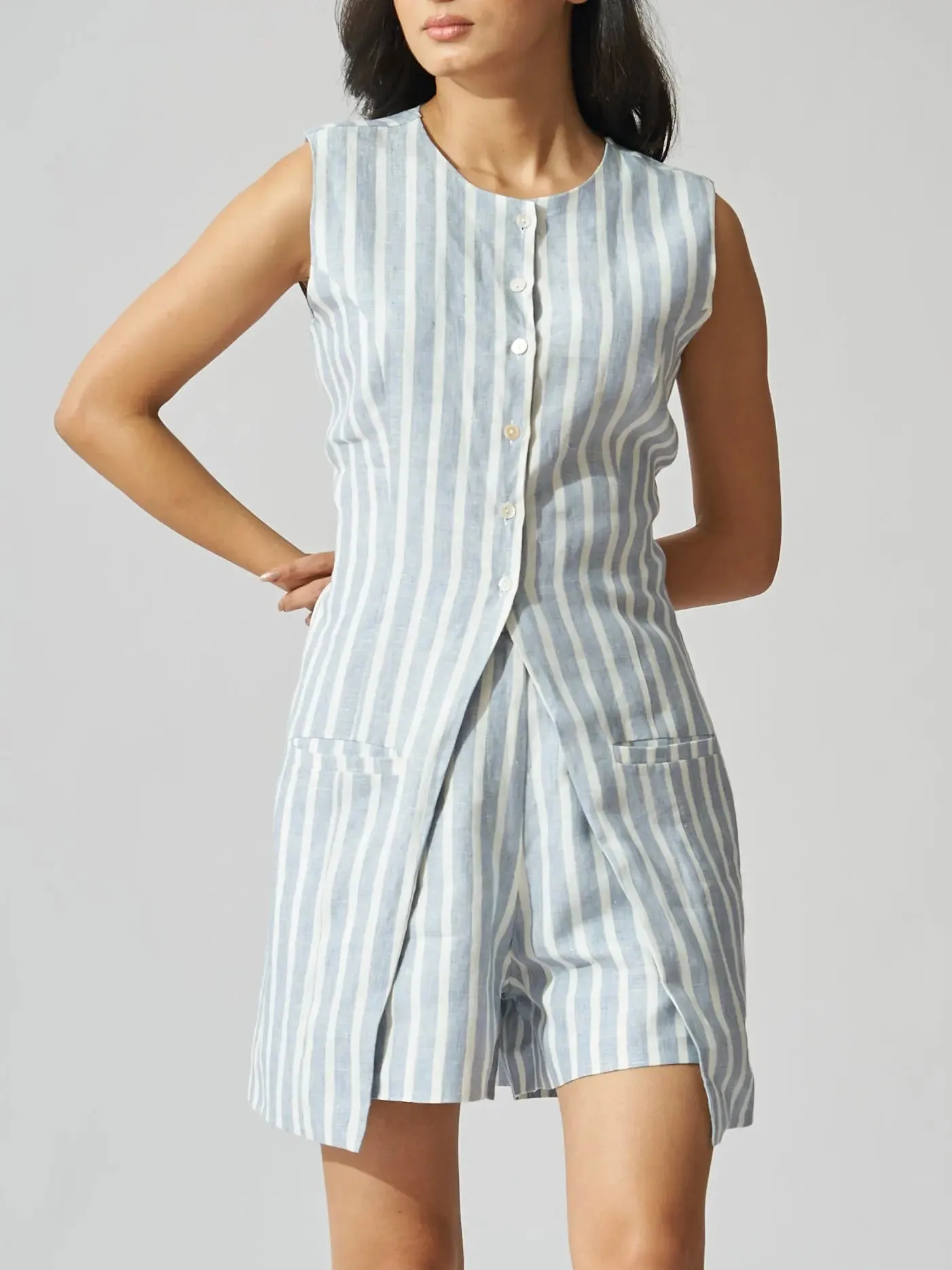 Dallas Linen Striped Front Button Vest with Shorts Coord Set