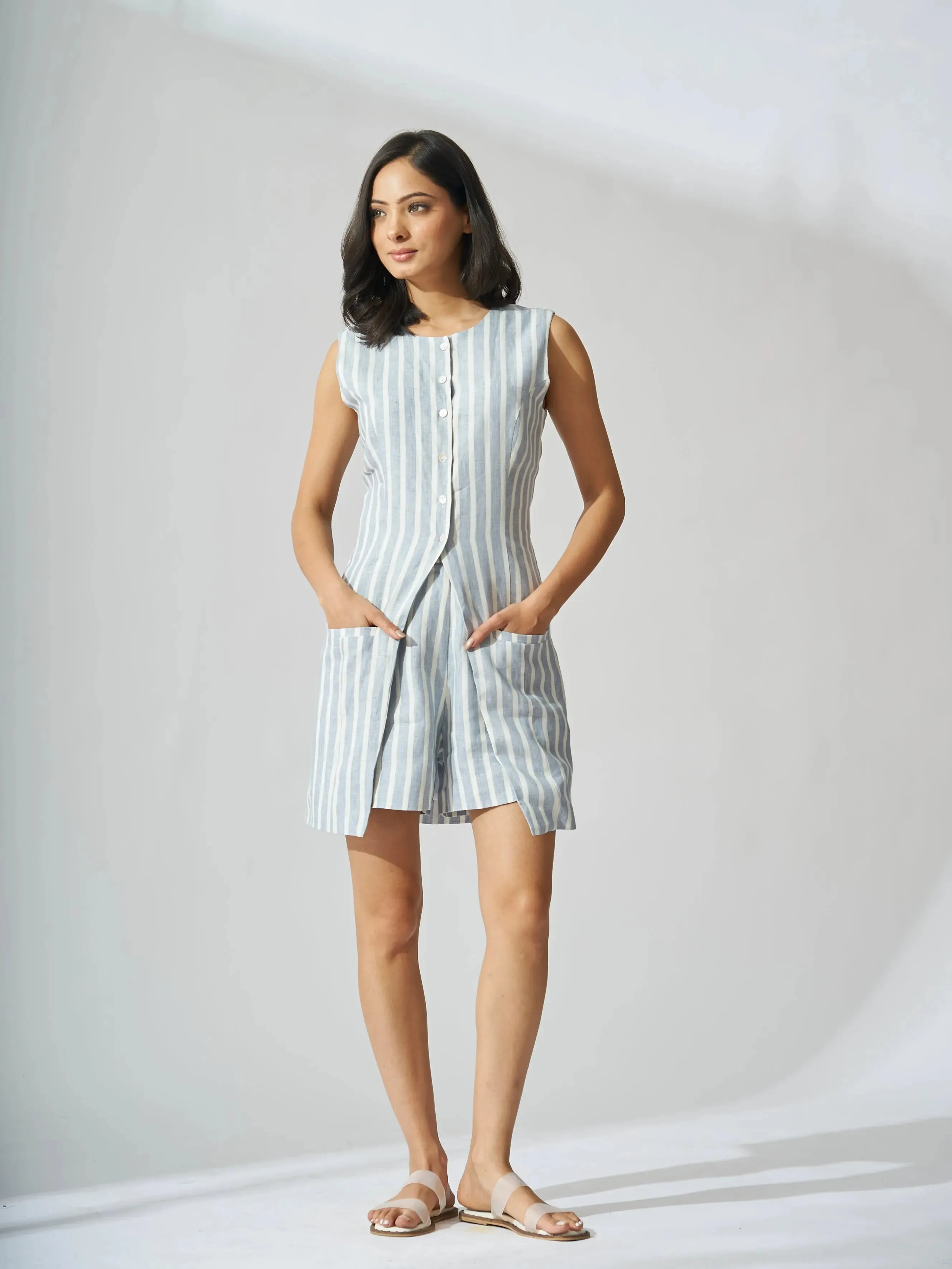 Dallas Linen Striped Front Button Vest with Shorts Coord Set