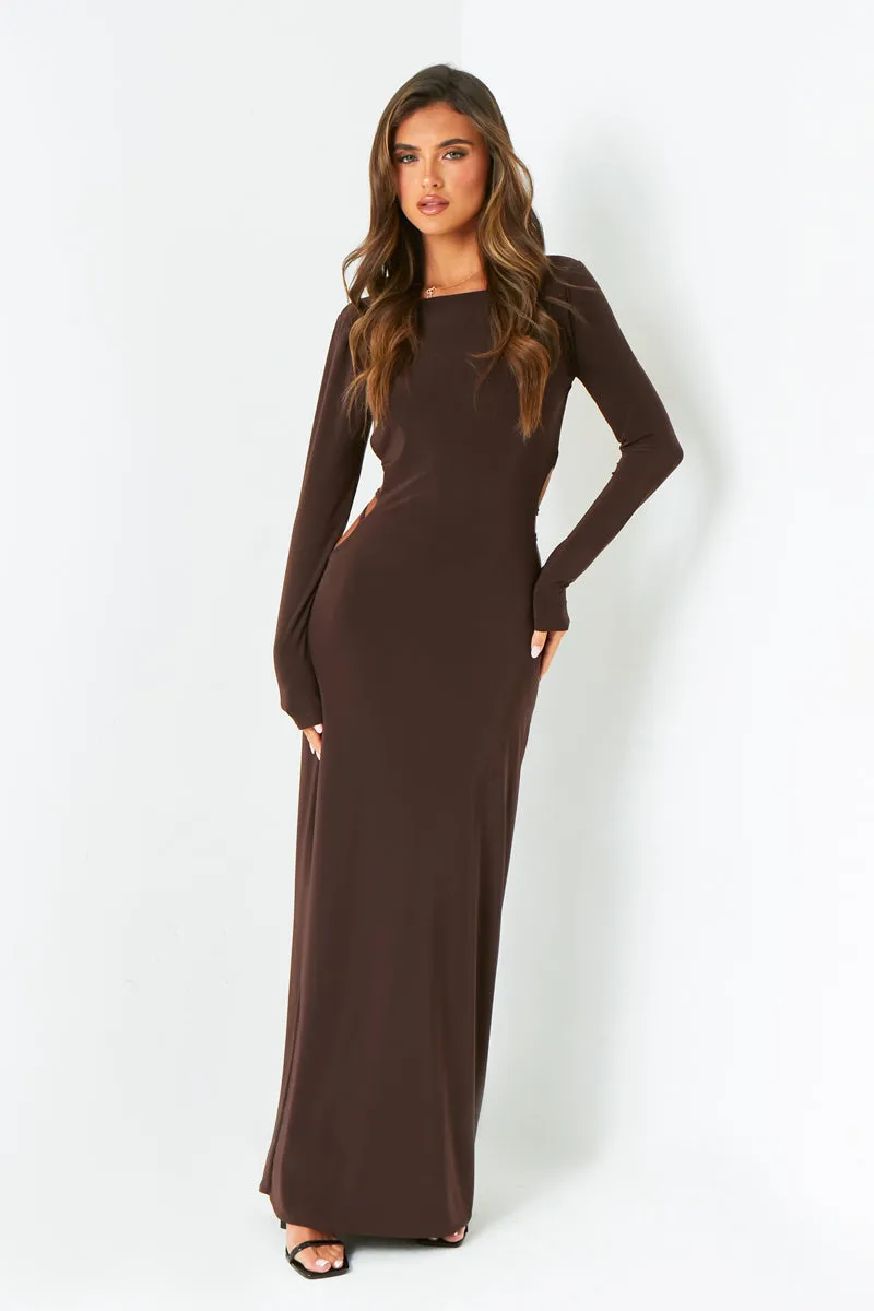 Ellen Chocolate Cut Out Back Slinky Maxi Dress