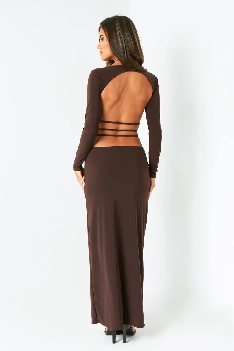 Ellen Chocolate Cut Out Back Slinky Maxi Dress