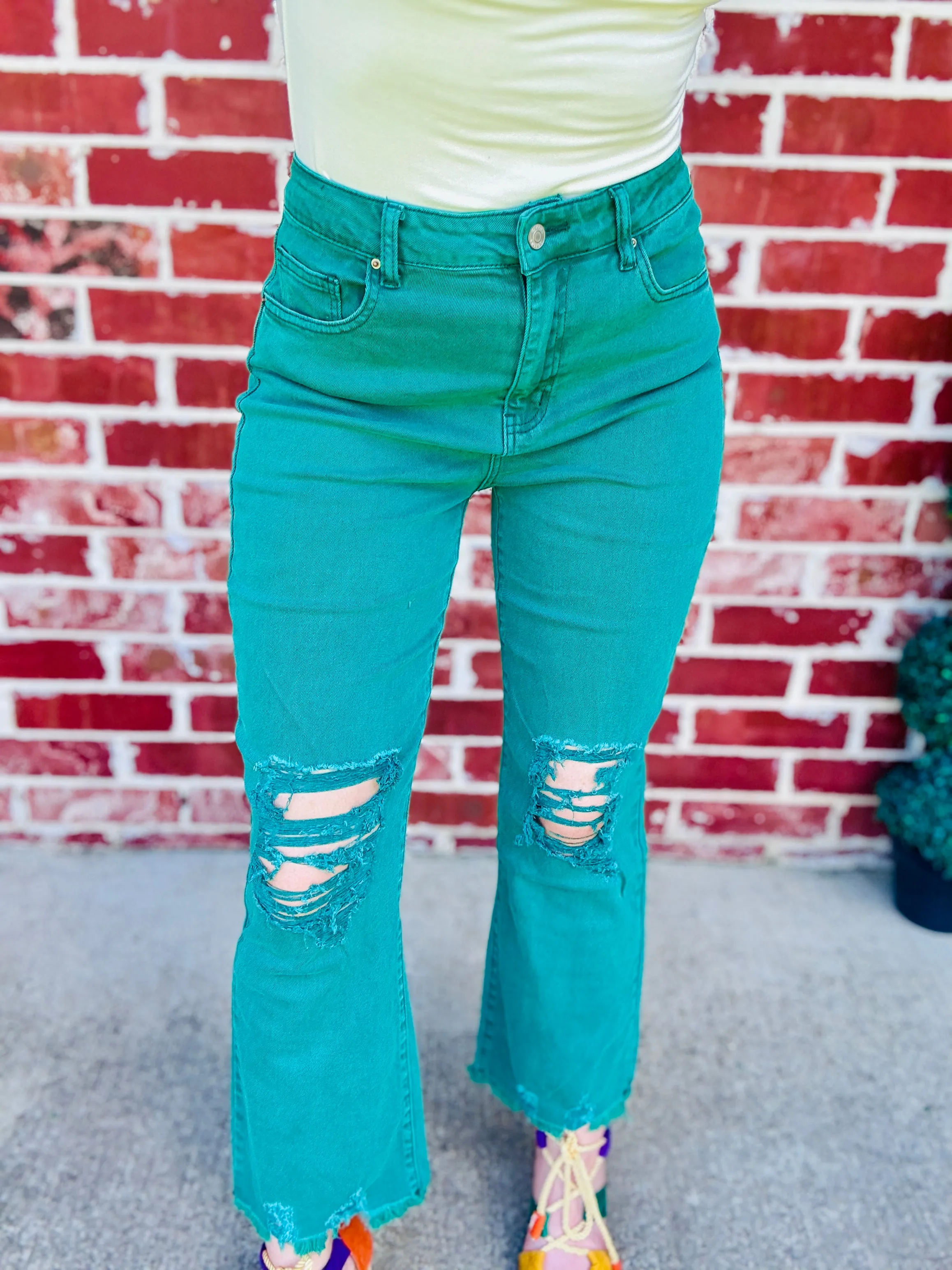 Evergreen Acid Wash High Rise Distressed Cropped Denim