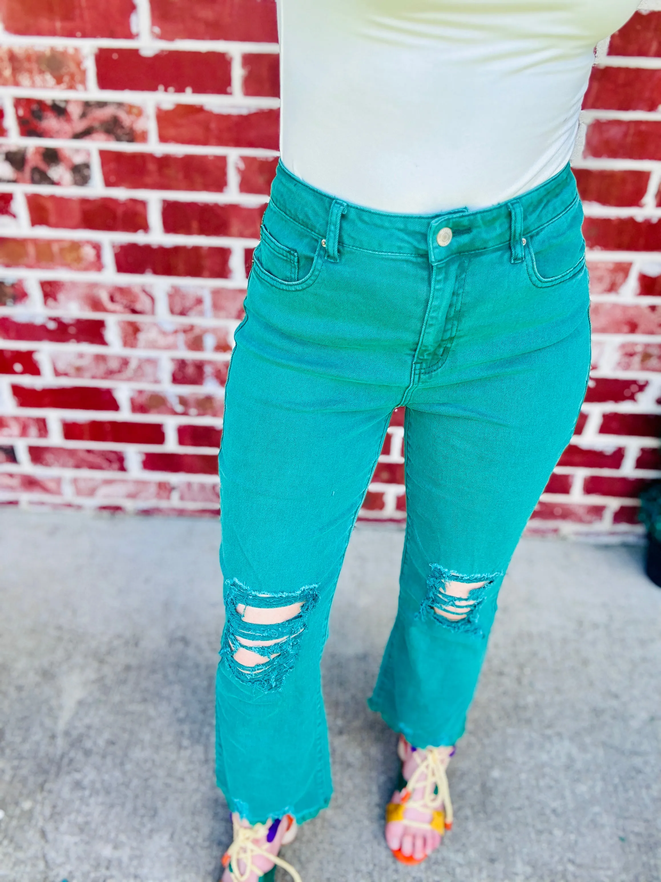 Evergreen Acid Wash High Rise Distressed Cropped Denim