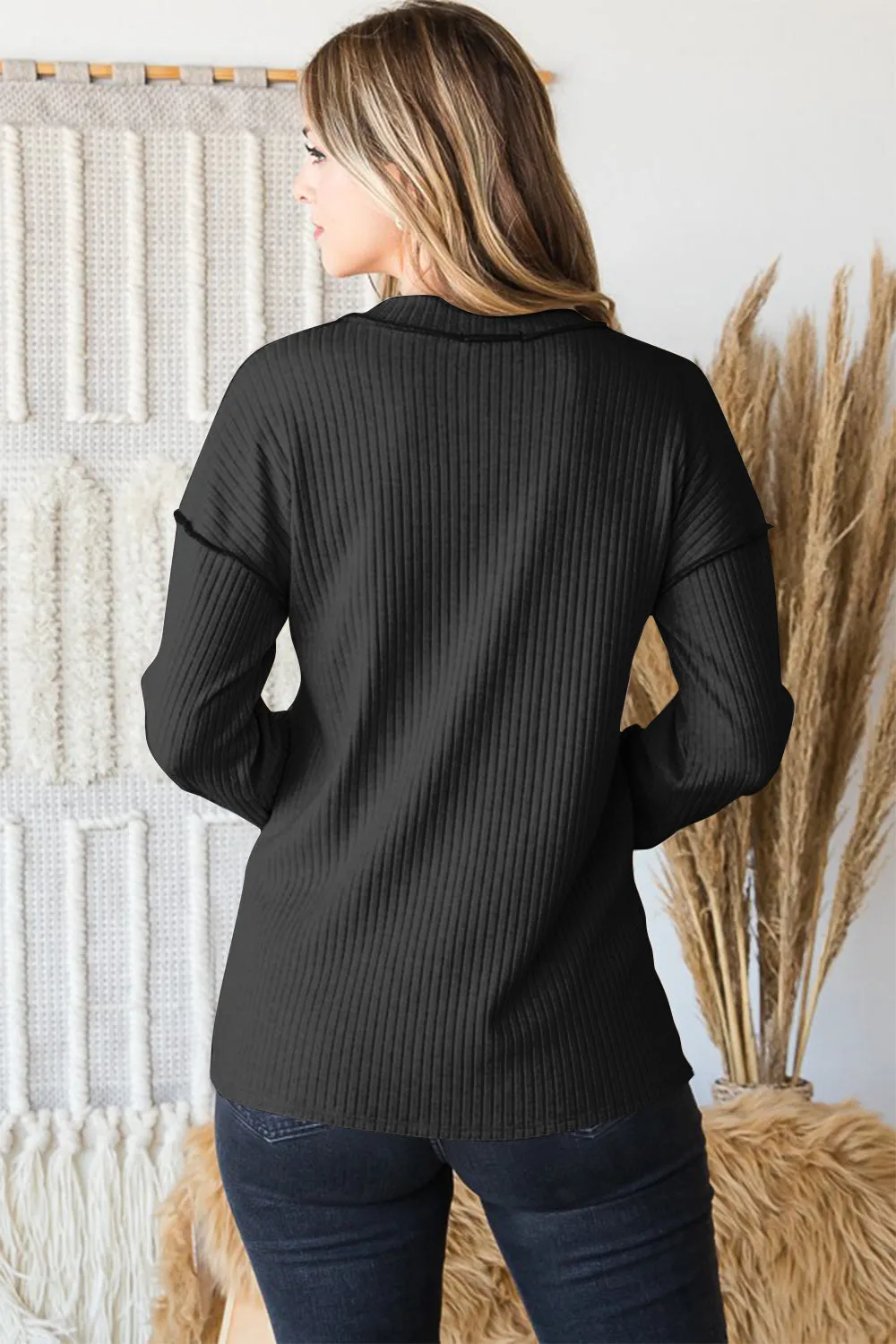 Full Size Ribbed V-Neck Exposed Seam Top