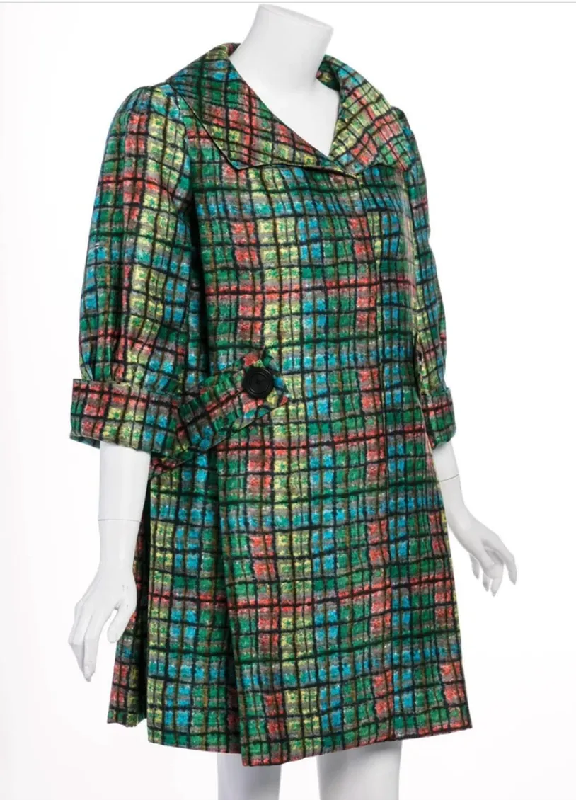 Galanos Couture Emerald Colorful Print Side Pleat Coat, 1970S | S/M